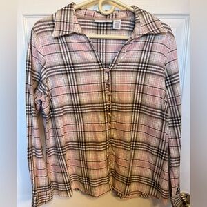 dressbarn Pink and Black Plaid Button-Down Shirt